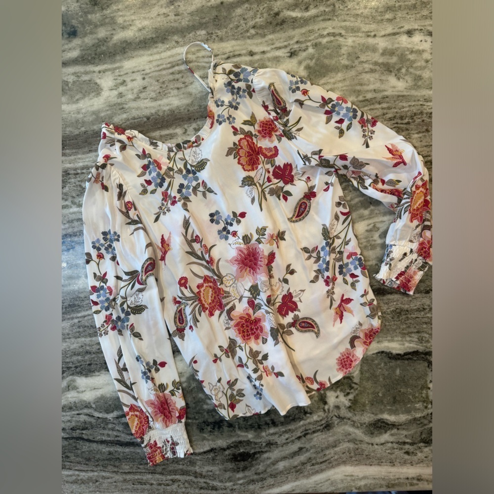 LOFT White Floral Blouse with Red and Pink Flowers